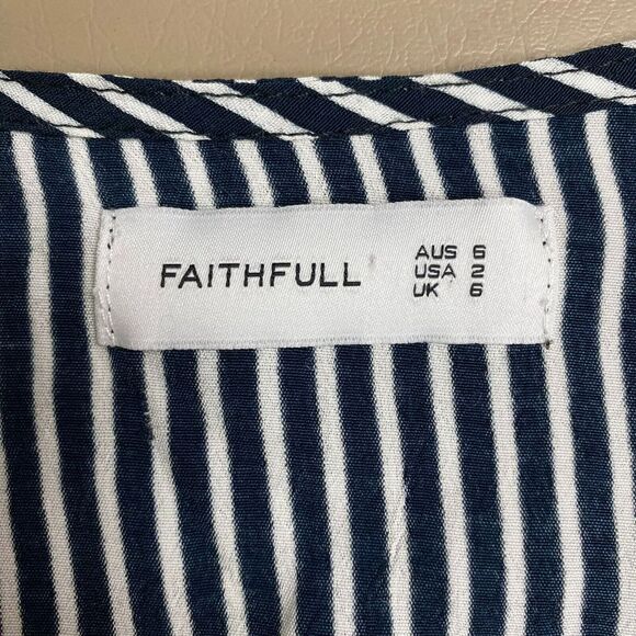 Faithfull Womens Navy Blue White Stripe Long Sleeve Tie High V-Neck Wrap Dress 2 - Picture 6 of 8